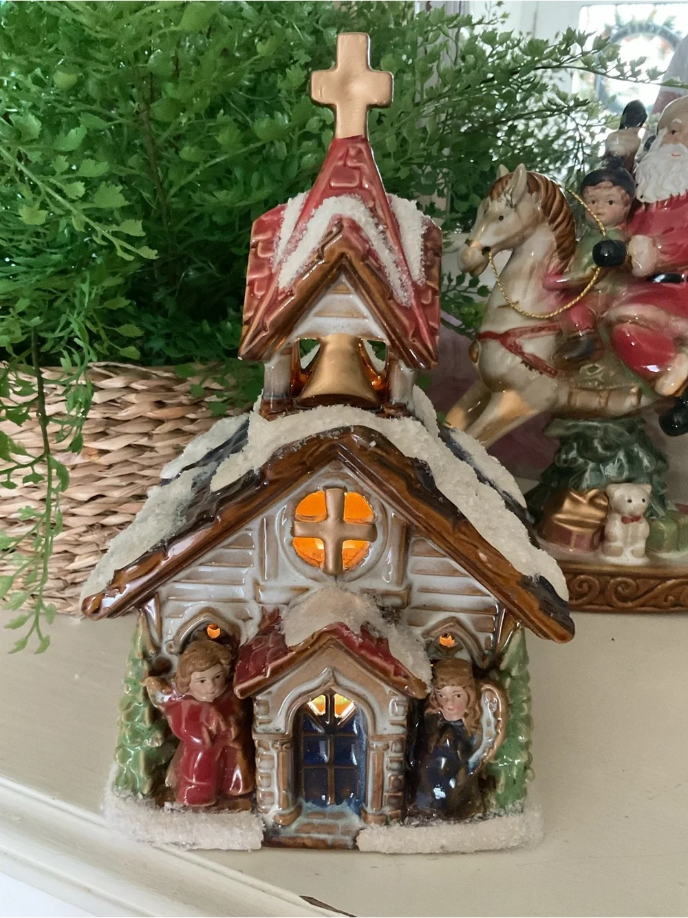 IlluminatedCeramic Christmas Church Decor in White and Red - Holiday Home Accent